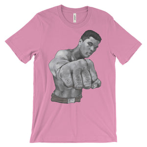 Mo Ali Fist in Perspective Unisex Short Sleeve T-Shirt Illustrated by Robert Bowen - Robert Bowen Tees