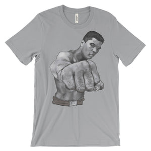 Mo Ali Fist in Perspective Unisex Short Sleeve T-Shirt Illustrated by Robert Bowen - Robert Bowen Tees