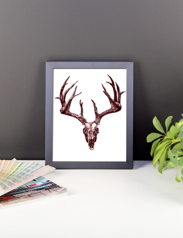 Stag Skull Brown Ink Framed Poster by Robert Bowen - Robert Bowen Tees