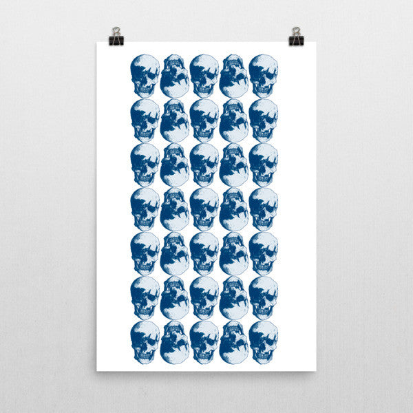 Skulls Grid Blue Ink Poster by Robert Bowen - Robert Bowen Tees