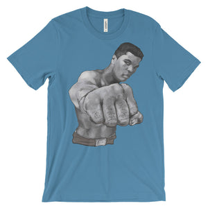 Mo Ali Fist in Perspective Unisex Short Sleeve T-Shirt Illustrated by Robert Bowen - Robert Bowen Tees