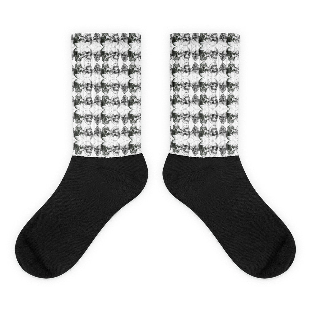 Triple Skulls Repeat Black foot socks illustrated by Robert Bowen - Robert Bowen Tees