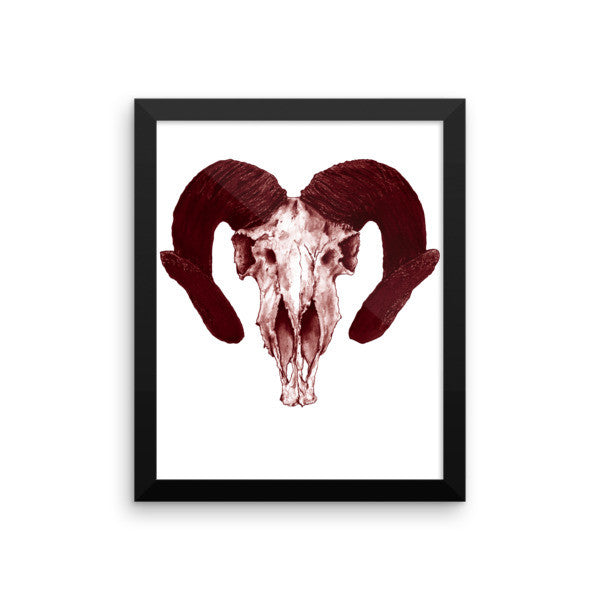 Ram Skull Concave Turned Horns Brown Ink Framed Poster by Robert Bowen - Robert Bowen Tees