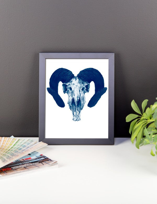Ram Skull Concave Turned Horns Blue Ink Framed Poster by Robert Bowen - Robert Bowen Tees