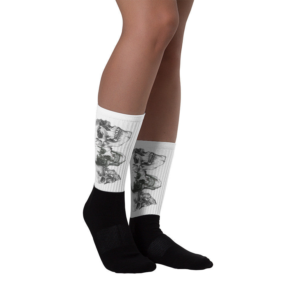 Triple Skulls Black foot socks illustrated by Robert Bowen - Robert Bowen Tees