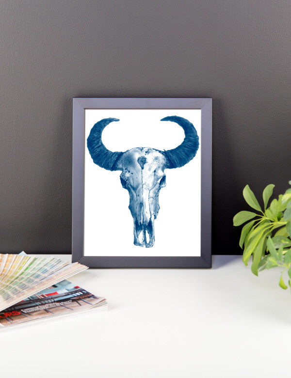 Ram Skull Blue Ink Framed Poster - Robert Bowen Tees