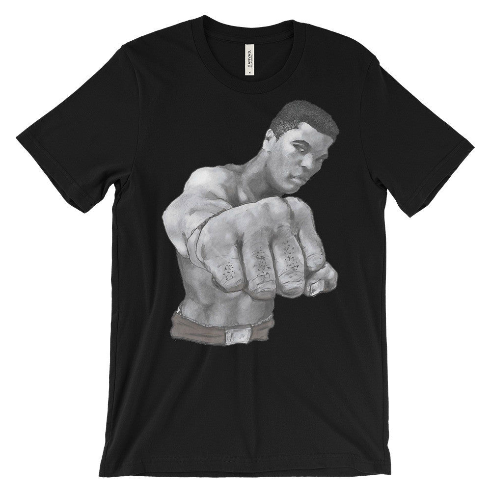 Mo Ali Fist in Perspective Unisex Short Sleeve T-Shirt Illustrated by Robert Bowen - Robert Bowen Tees