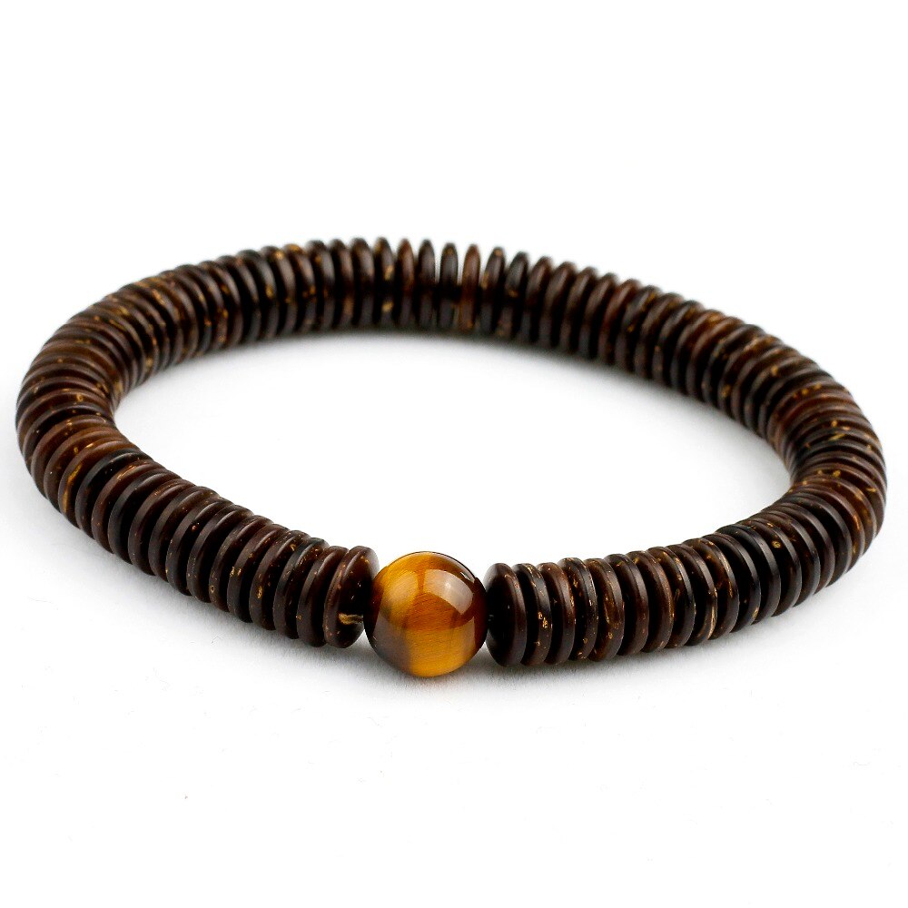 Natural 9MM Coconut Shell With 10MM Tiger's Eye Stone/Beads Bracelet