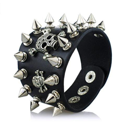 Unisex Rock Spikes Rivet Gothic Skull  Leather Bracelet - Robert Bowen Tees