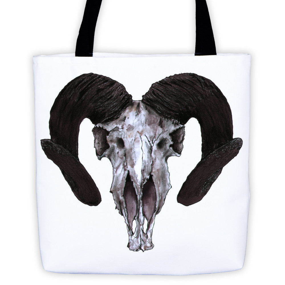 Ram Skull Concave Turned Horns Black Ink Tote Bag by Robert Bowen - Robert Bowen Tees