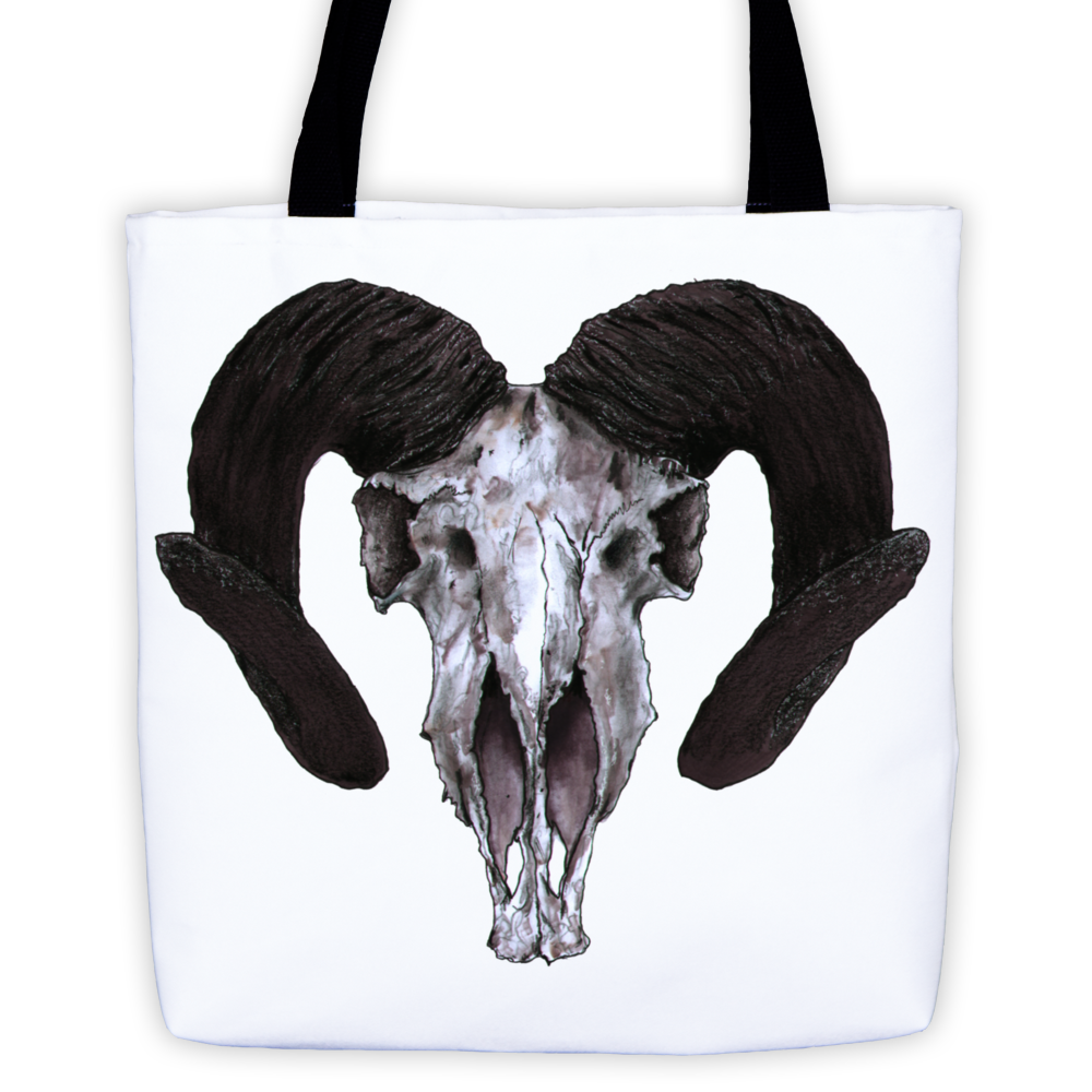 Ram Skull Concave Turned Horns Black Ink Tote Bag by Robert Bowen - Robert Bowen Tees