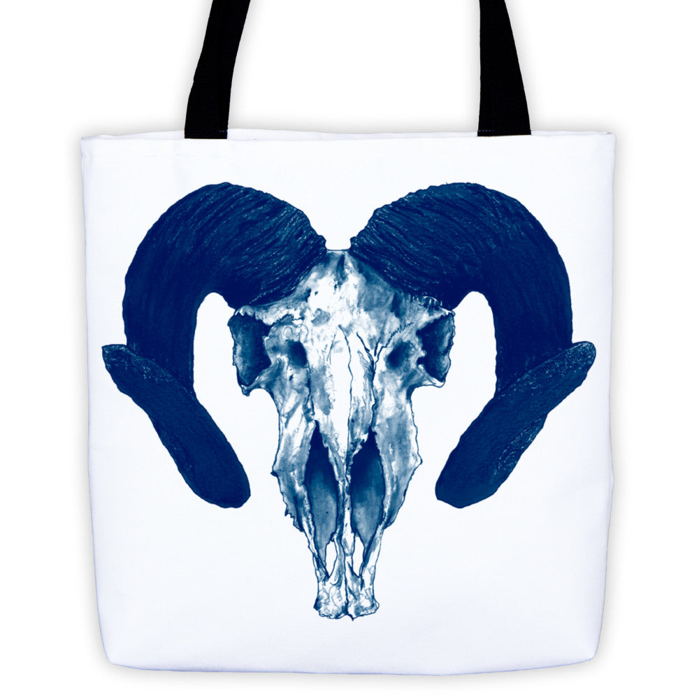 Ram Skull Concave Turned Horns Blue Ink Tote Bag by Robert Bowen - Robert Bowen Tees