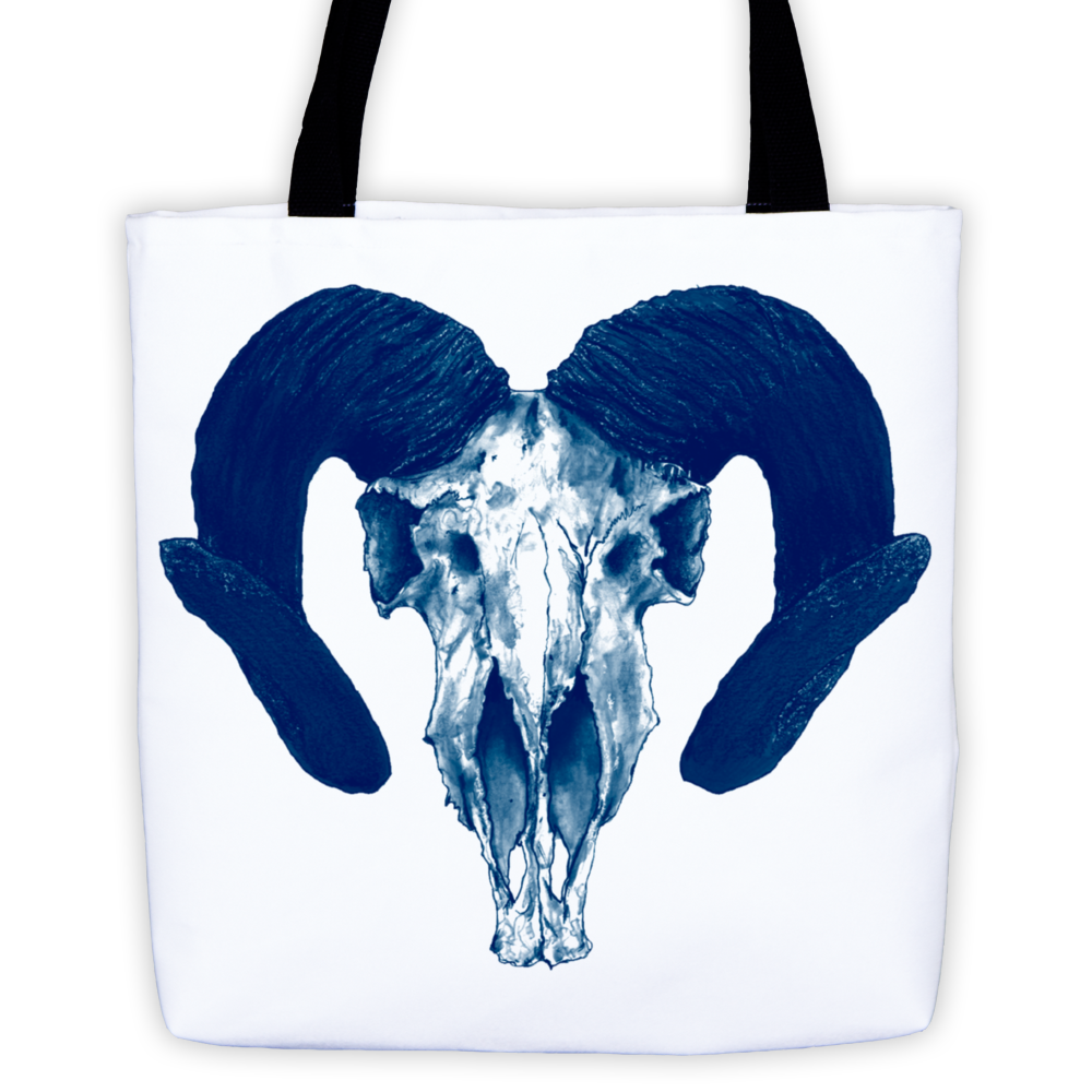 Ram Skull Concave Turned Horns Blue Ink Tote Bag by Robert Bowen - Robert Bowen Tees